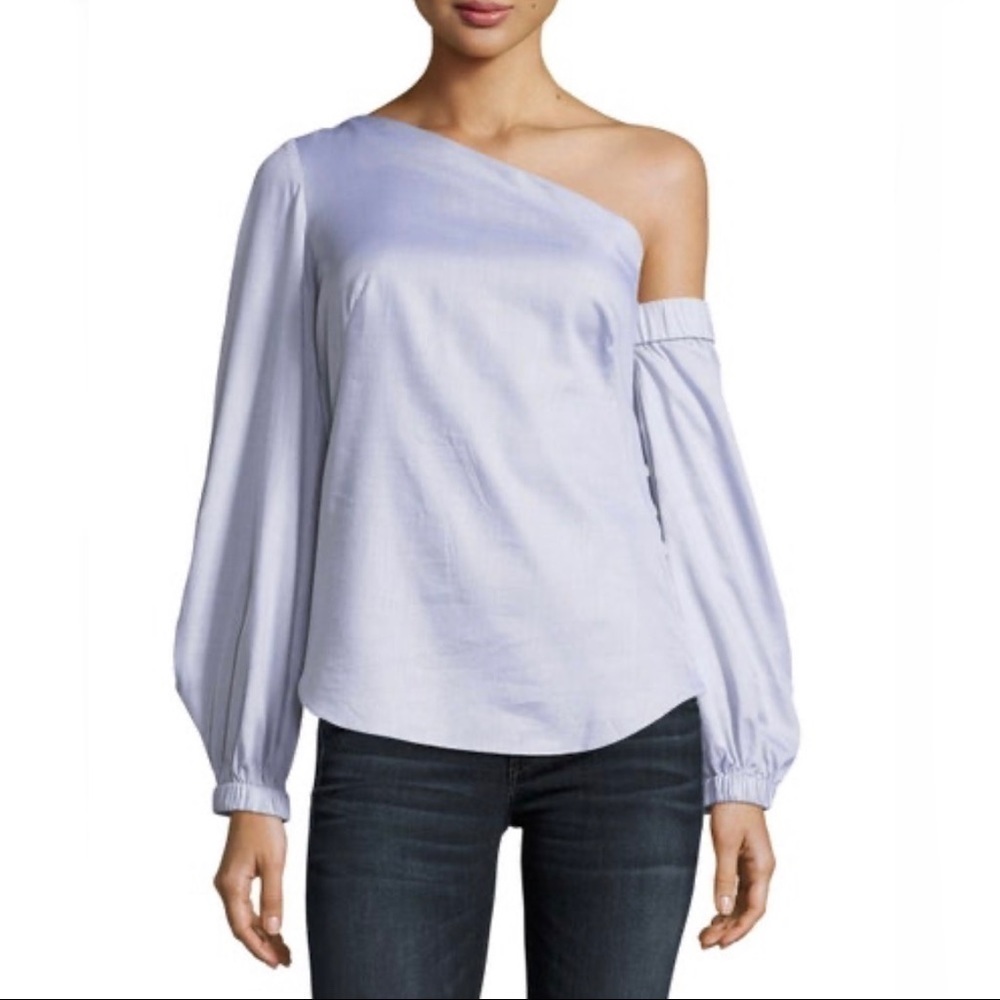 MILLY ARYA ONE SHOULDER HERRINGBONE SHIRTING TOP